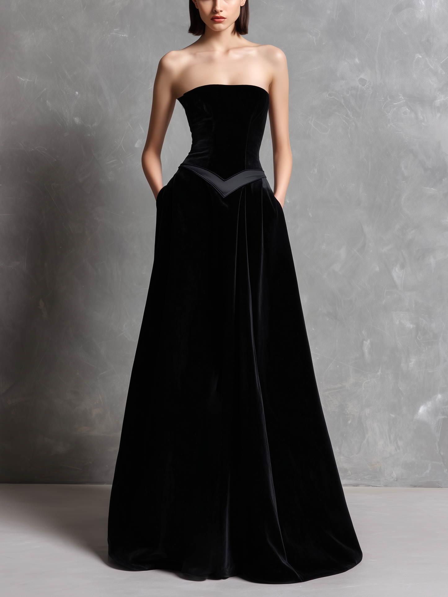 Women's Elegant Black Velvet Strapless Long Evening Dress