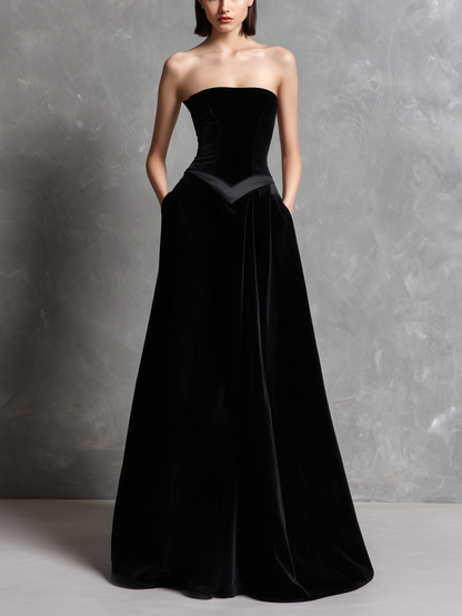 Women's Elegant Black Velvet Strapless Long Evening Dress