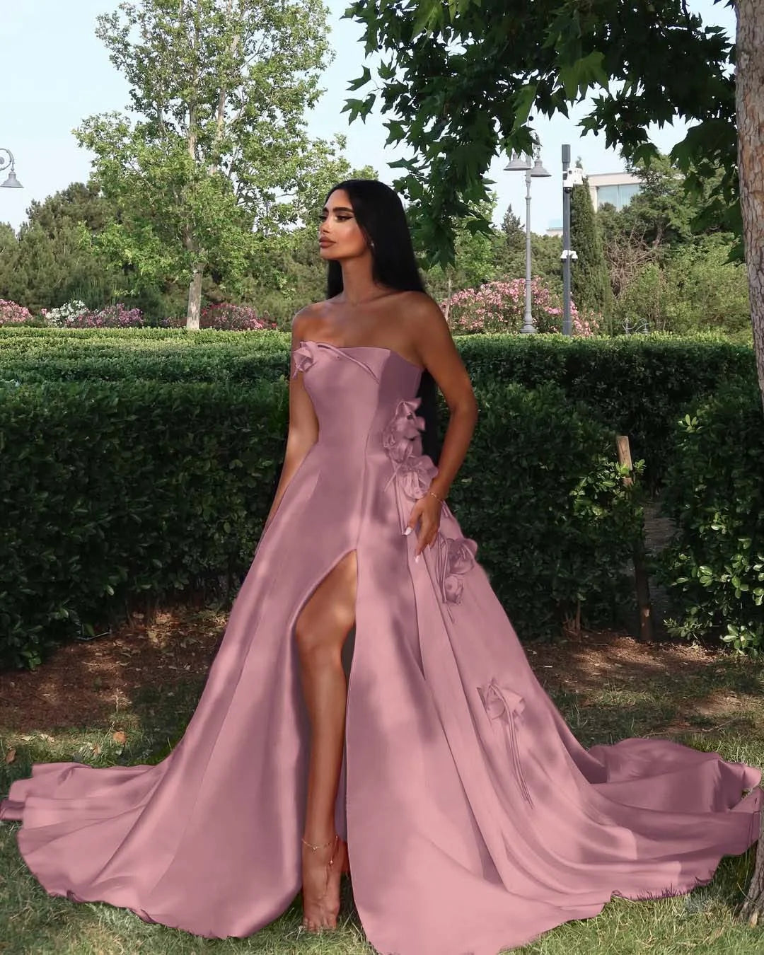 Elegant Straight Across Pink Split Sleeveless Handmade Flower Prom Dress YK0162