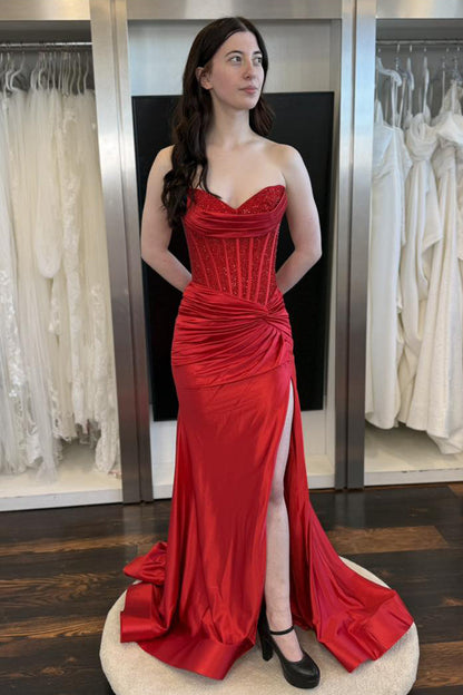 Mermaid Sweetheart Red Satin Prom Dress with Hot Stone