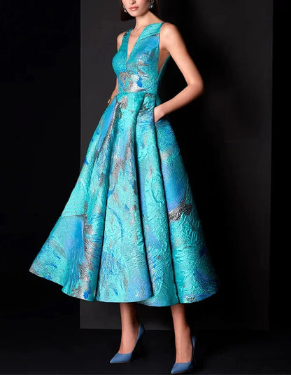 Retro V-neck Sleeveless Print Midi Dress