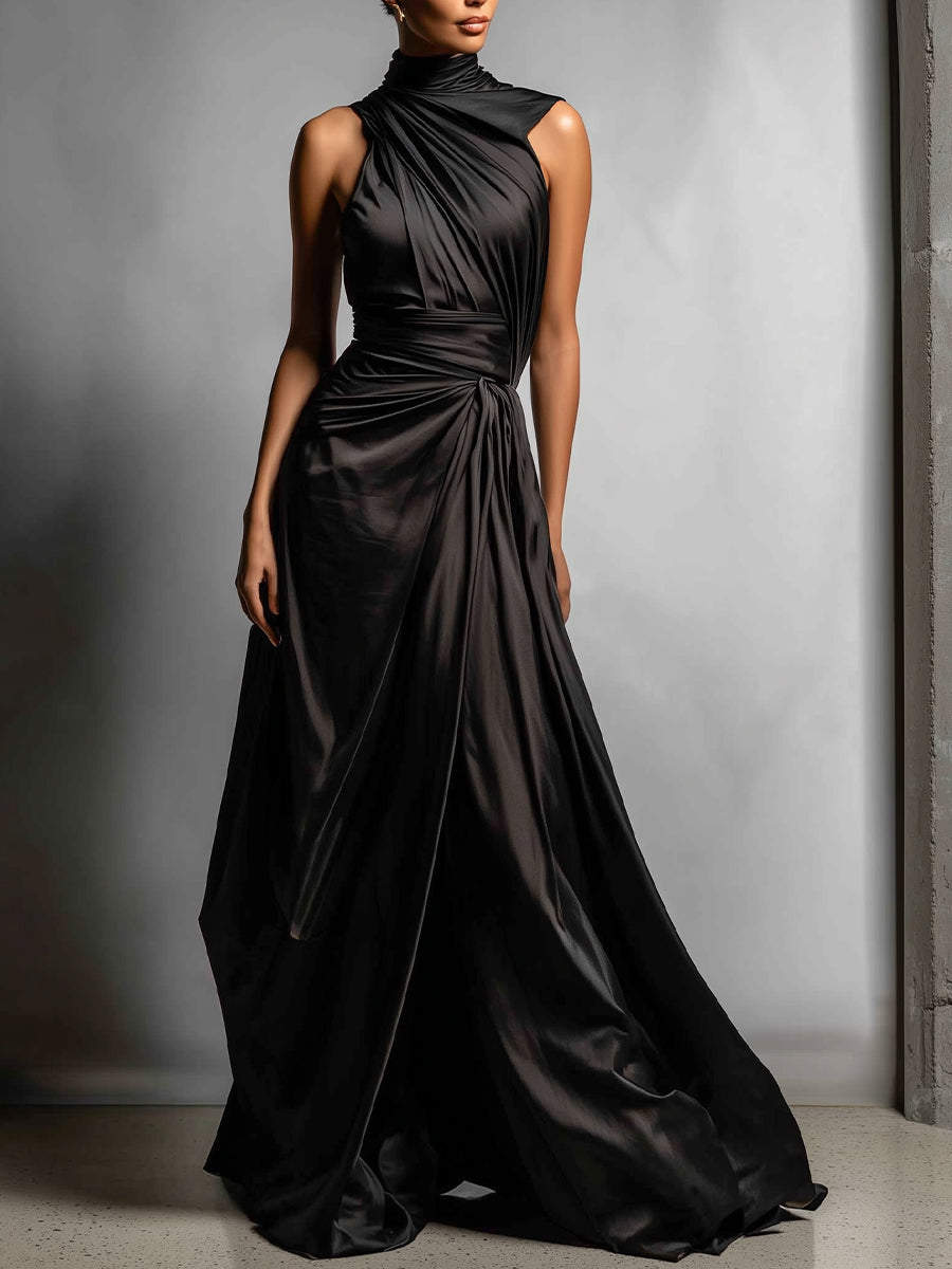 Women's Black Chic Satin Asymmetric Draped Gown