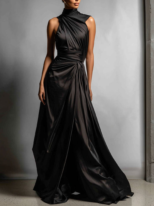 Women's Black Chic Satin Asymmetric Draped Gown