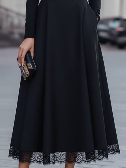 Elegant Black Deep V-Neck Lace-Trimmed Midi Dress