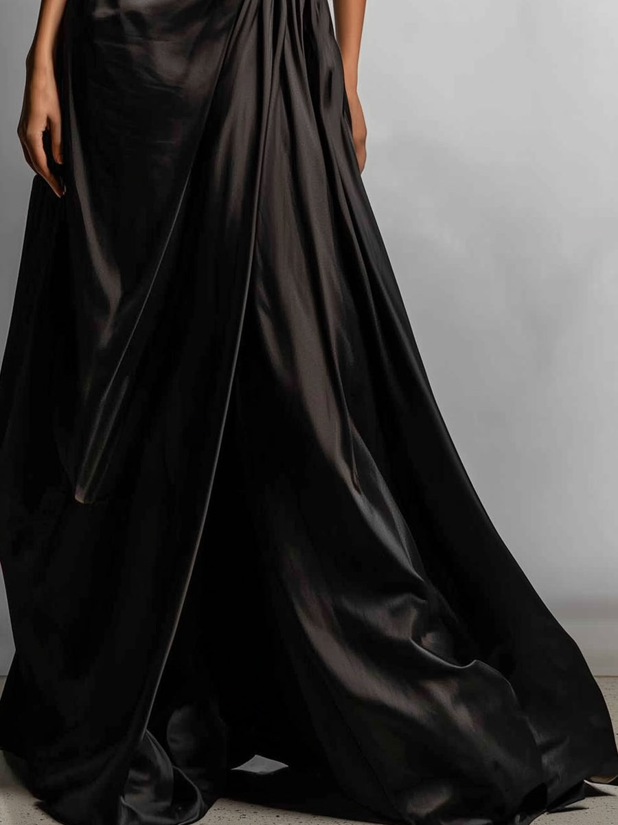 Women's Black Chic Satin Asymmetric Draped Gown