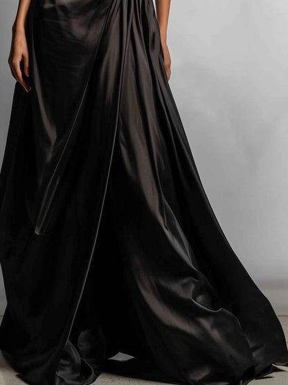 Women's Black Chic Satin Asymmetric Draped Gown