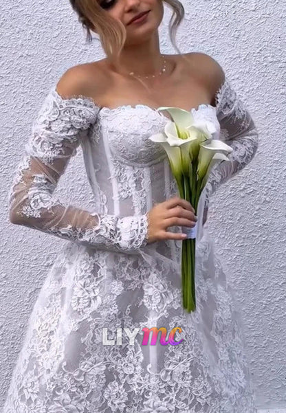 Short Sweetheart Lace Appliques A-Line Wedding Dress