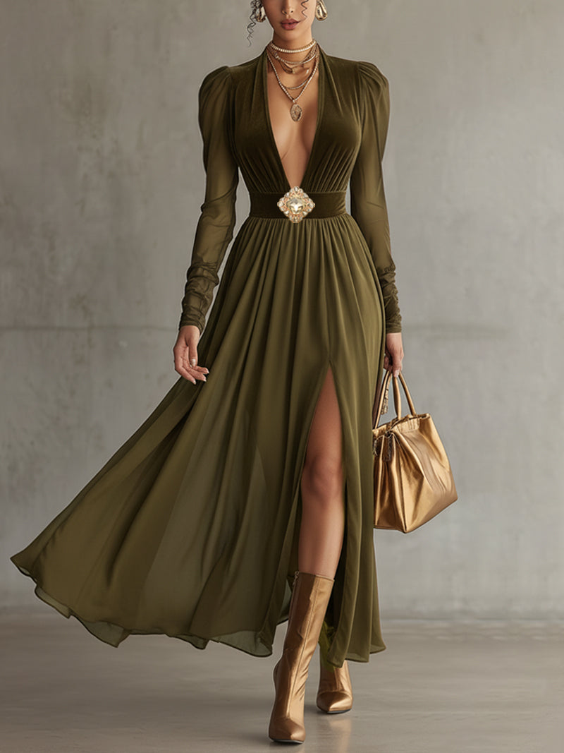 Olive Velvet Chiffon Slit Long Sleeve Maxi Dress