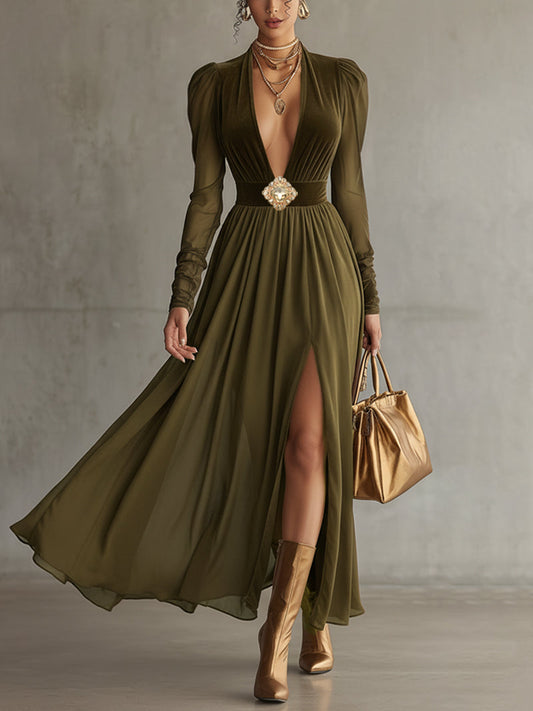 Olive Velvet Chiffon Slit Long Sleeve Maxi Dress