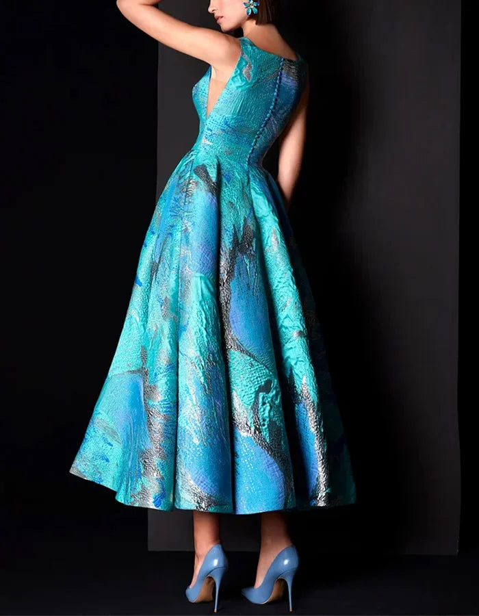 Retro V-neck Sleeveless Print Midi Dress