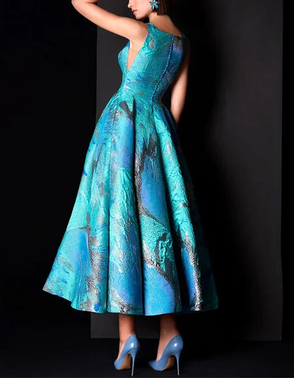 Retro V-neck Sleeveless Print Midi Dress