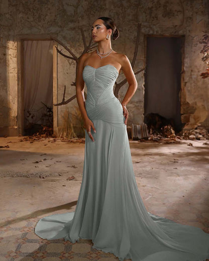 Simple Chiffon Strapless Sleeveless Pleated Long Prom Dress With Pleated