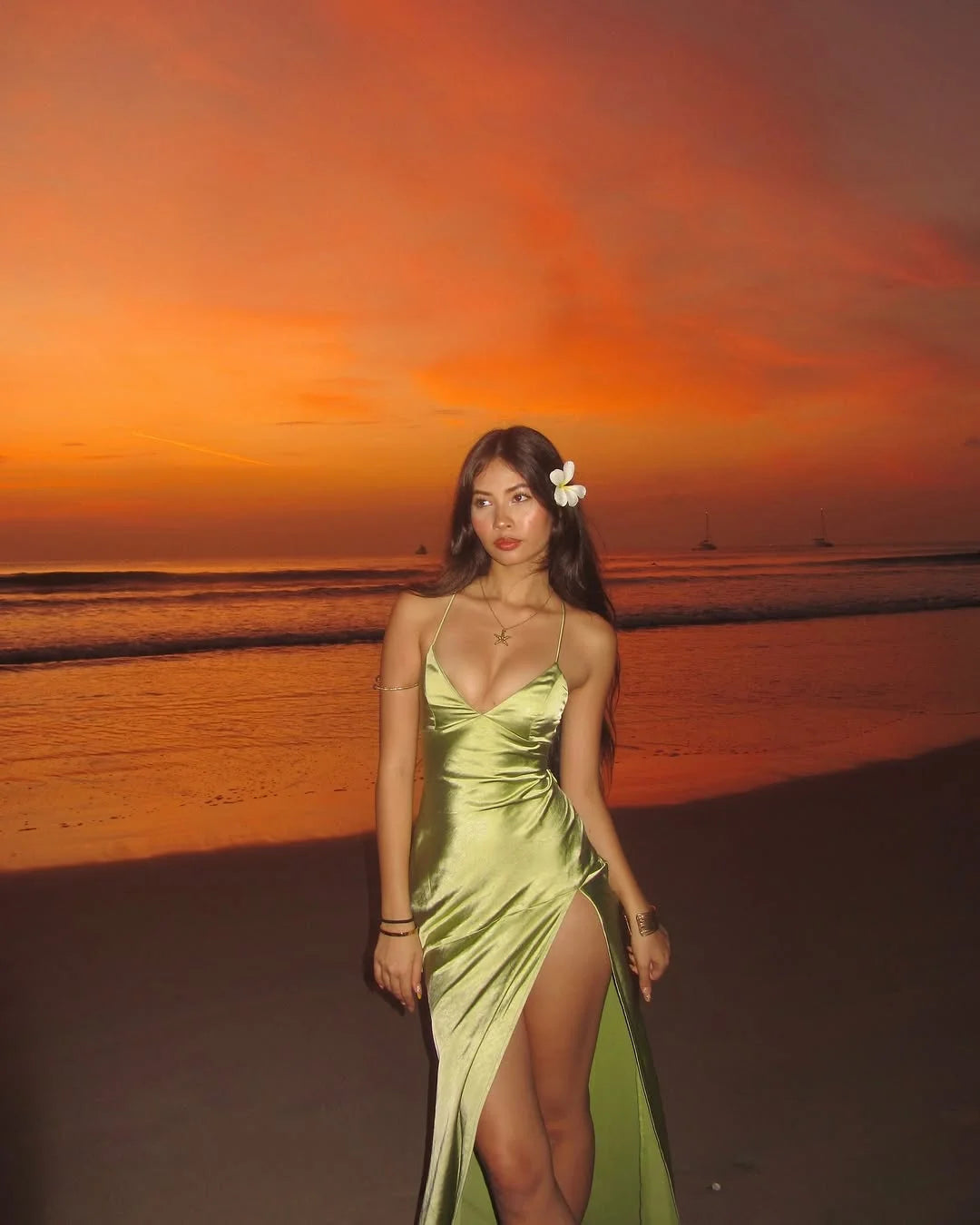 Green Split V-Neck Lace-up Summer Prom Dress ZT0712