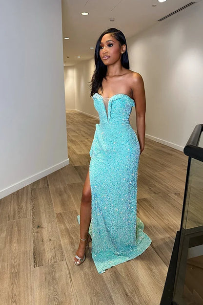 Evening Dress Sequins Baby Blue Slit Sleeveless Taping V Neck