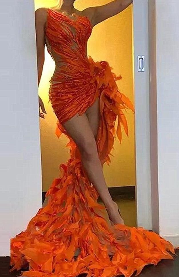 Charming Mermaid Orange Sleeveless Prom Dress Hi-Lo With Ruffles