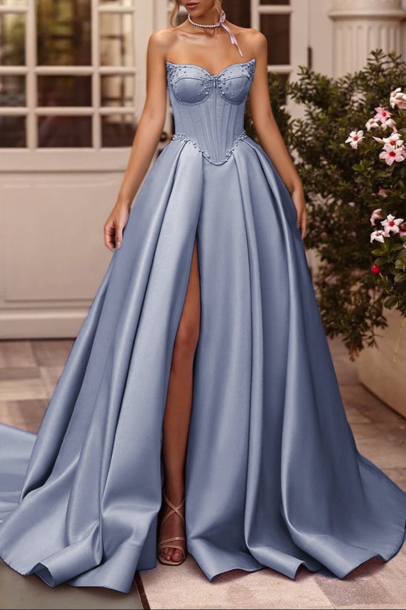 A-Line Lilac Sweetheart Satin Long Corset Prom Dress with Slit (Gloves are not Included)