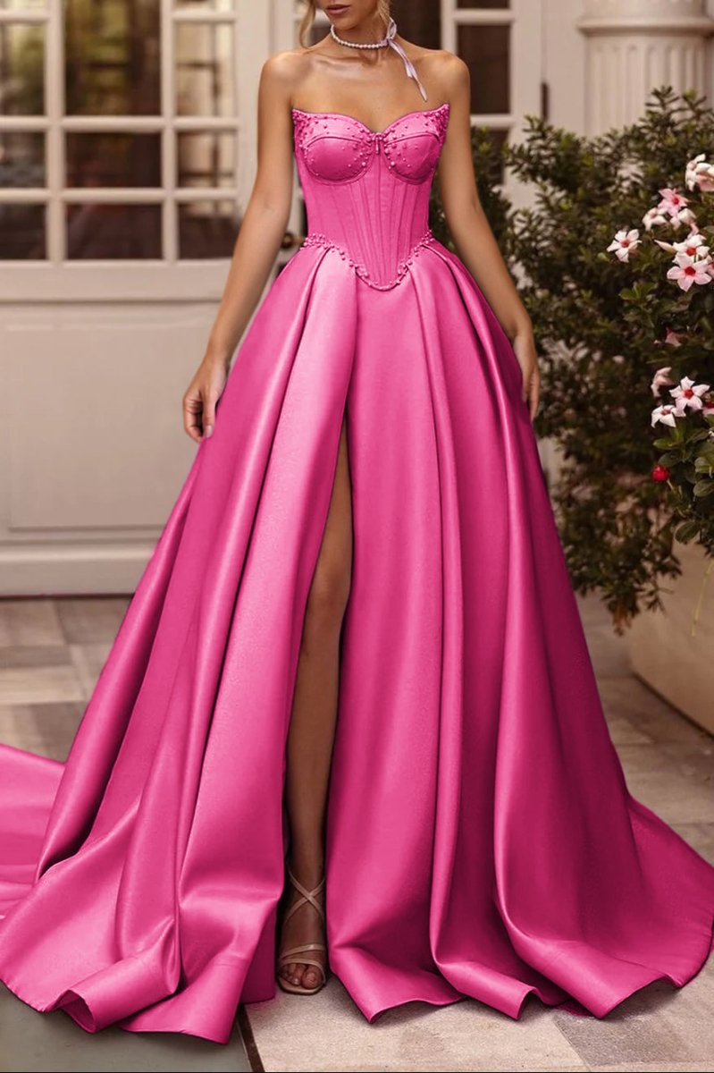 A-Line Lilac Sweetheart Satin Long Corset Prom Dress with Slit (Gloves are not Included)