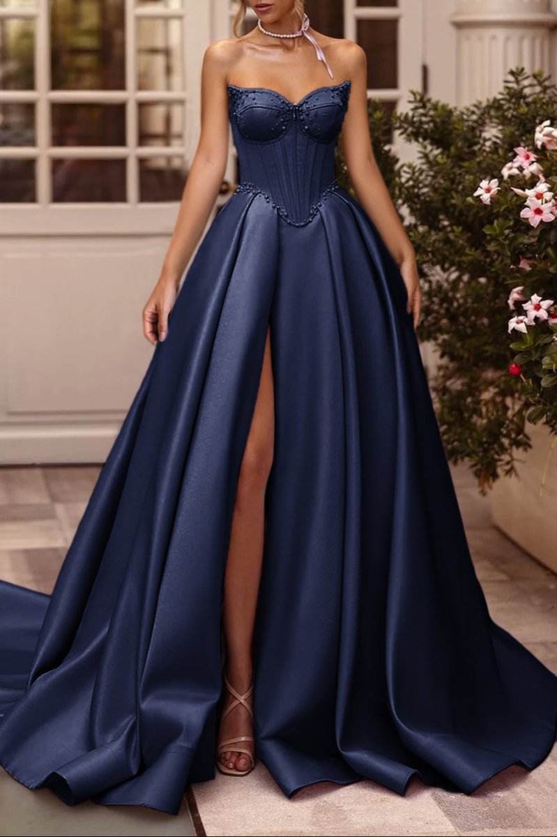 A-Line Lilac Sweetheart Satin Long Corset Prom Dress with Slit (Gloves are not Included)