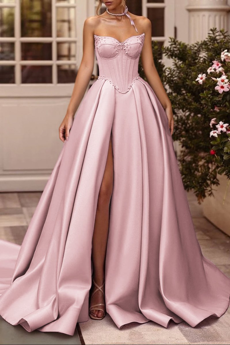 A-Line Lilac Sweetheart Satin Long Corset Prom Dress with Slit (Gloves are not Included)