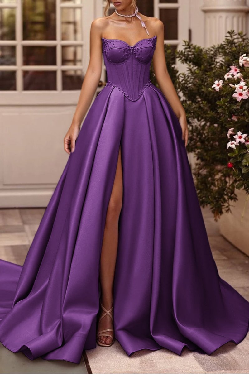A-Line Lilac Sweetheart Satin Long Corset Prom Dress with Slit (Gloves are not Included)
