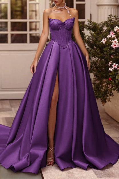 A-Line Lilac Sweetheart Satin Long Corset Prom Dress with Slit (Gloves are not Included)