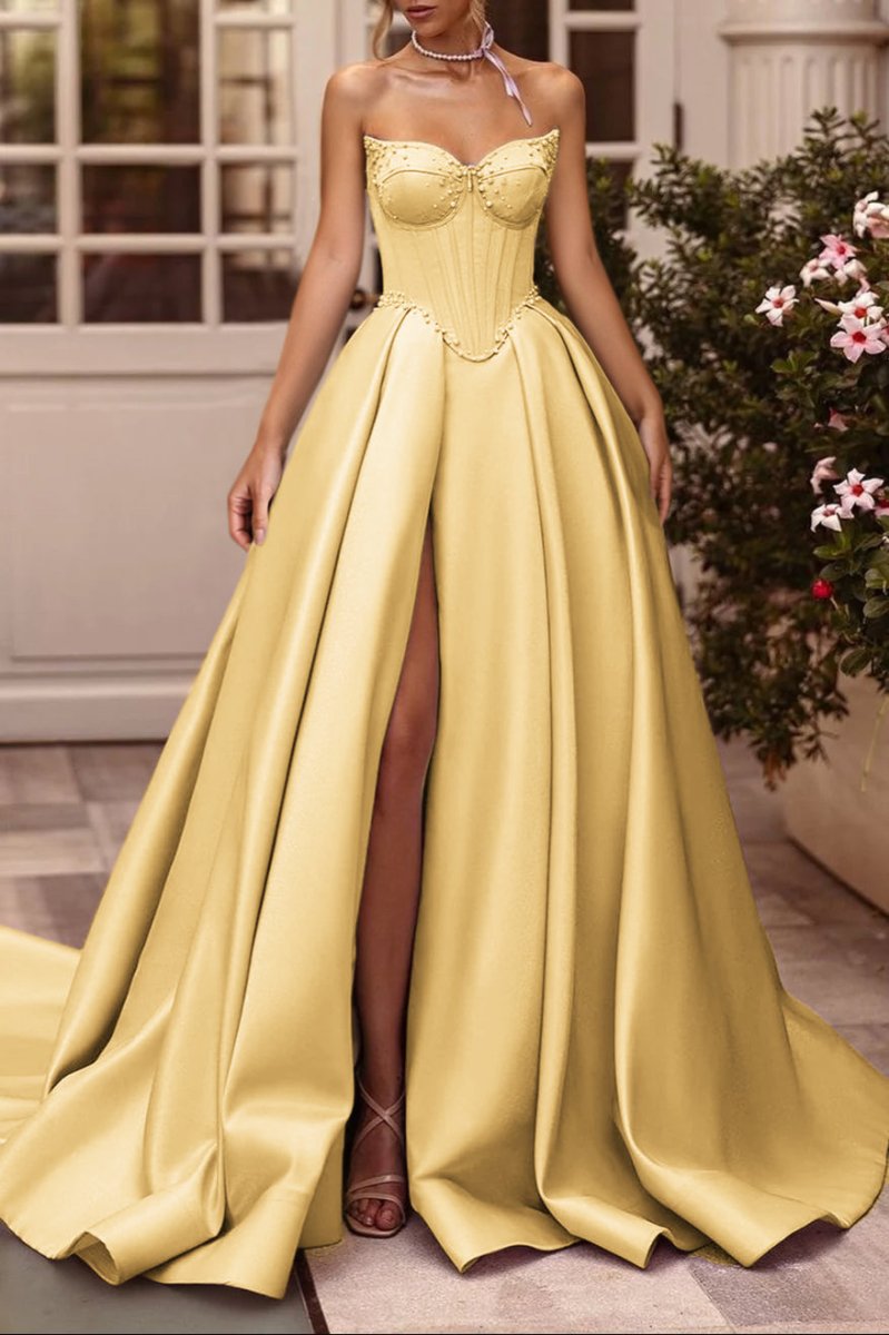 A-Line Lilac Sweetheart Satin Long Corset Prom Dress with Slit (Gloves are not Included)