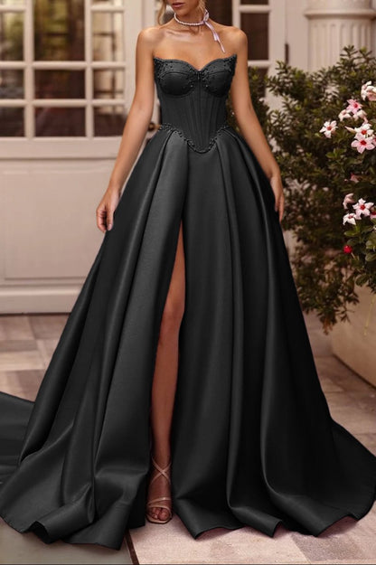 A-Line Lilac Sweetheart Satin Long Corset Prom Dress with Slit (Gloves are not Included)