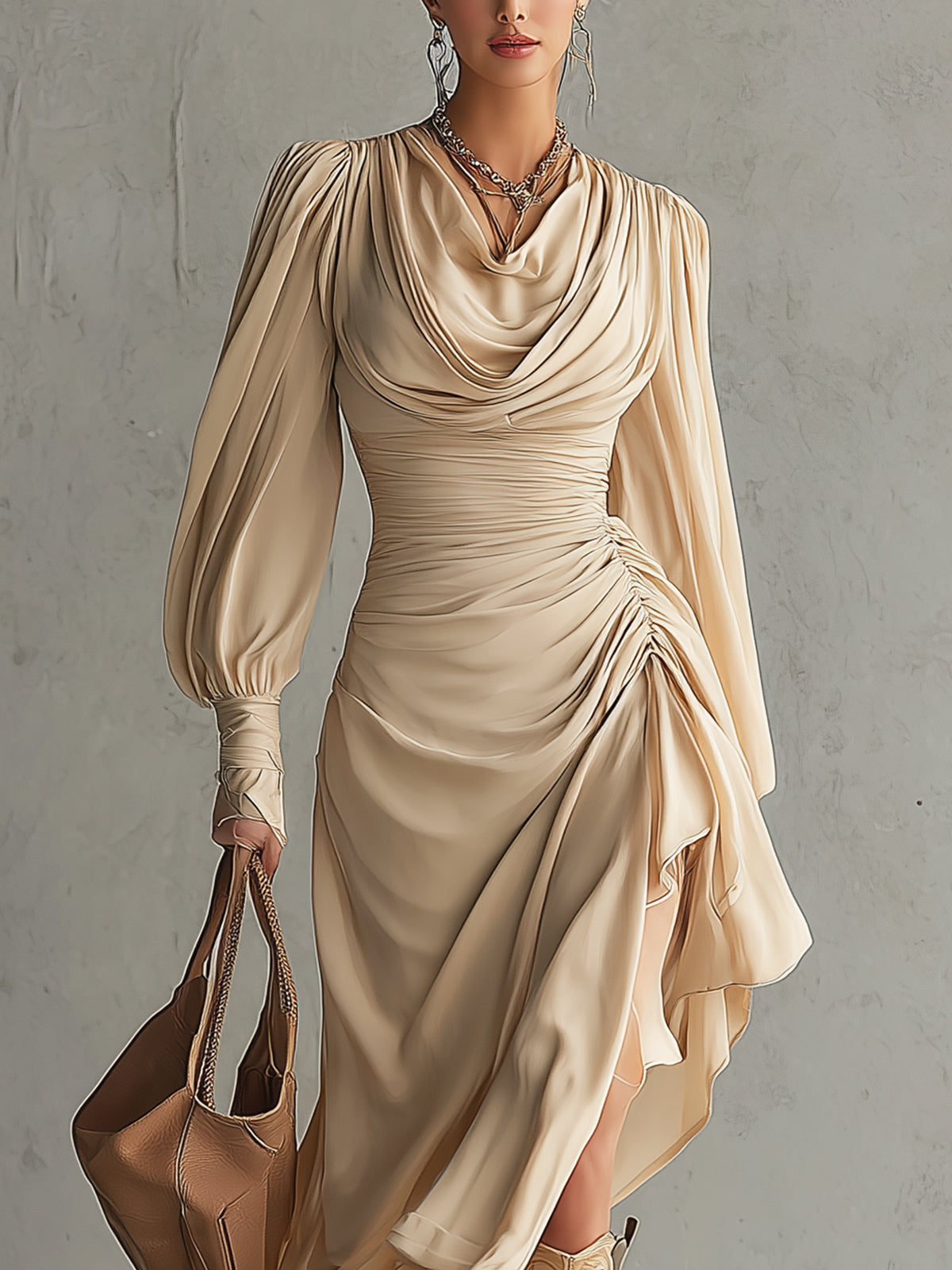 Champagne Draped Cowl Neck Ruched Asymmetric Maxi Dress