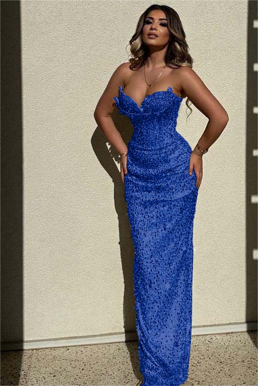 Chic Sequins Strapless Sleeveless High Waist Long Prom Dress With Beadings
