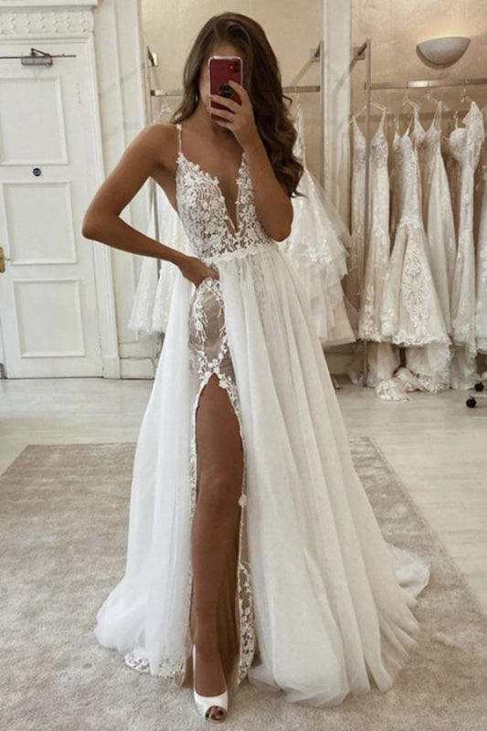 Deep V Neck Ivory Lace Long Wedding Dresses White Lace Dresses with High Split