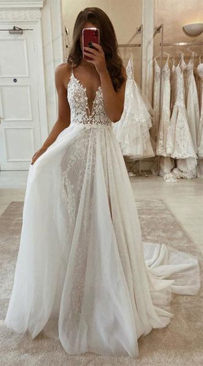 Deep V Neck Ivory Lace Long Wedding Dresses White Lace Dresses with High Split