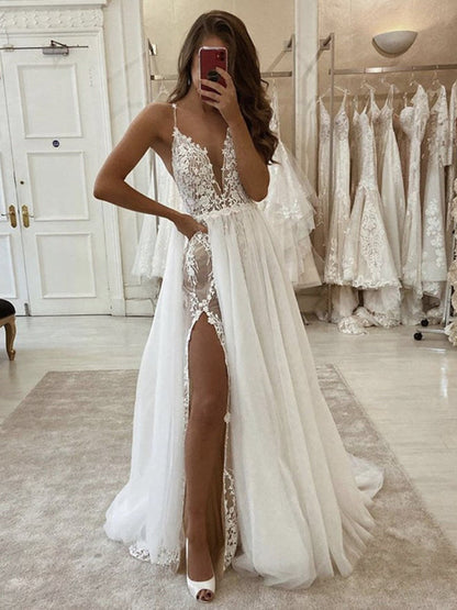 Deep V Neck Ivory Lace Long Wedding Dresses White Lace Dresses with High Split