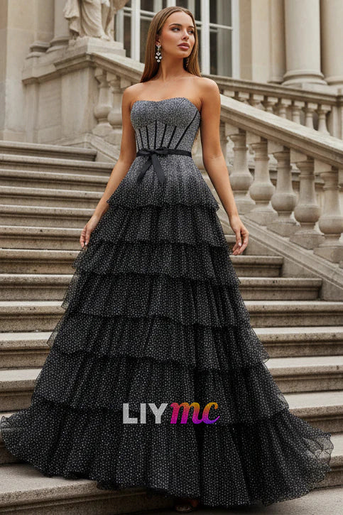 Black-White Strapless A Line Tulle Ruffled Formal Prom Dresses With Beading