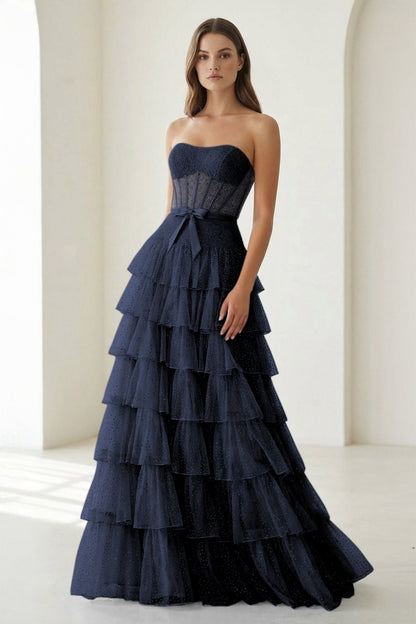 Black-White Strapless A Line Tulle Ruffled Formal Prom Dresses With Beading