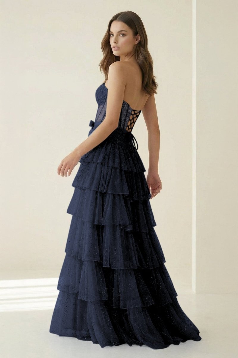Black-White Strapless A Line Tulle Ruffled Formal Prom Dresses With Beading