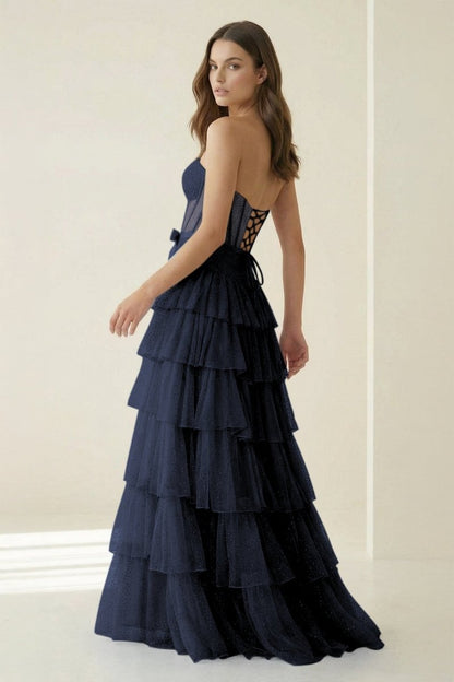 Black-White Strapless A Line Tulle Ruffled Formal Prom Dresses With Beading
