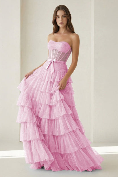 Black-White Strapless A Line Tulle Ruffled Formal Prom Dresses With Beading