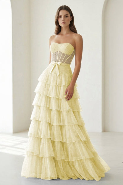 Black-White Strapless A Line Tulle Ruffled Formal Prom Dresses With Beading