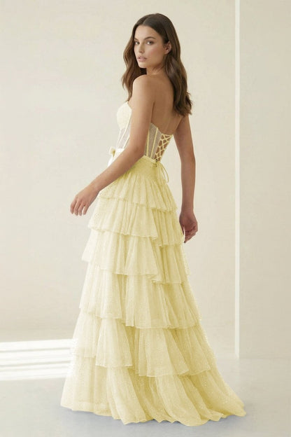 Black-White Strapless A Line Tulle Ruffled Formal Prom Dresses With Beading