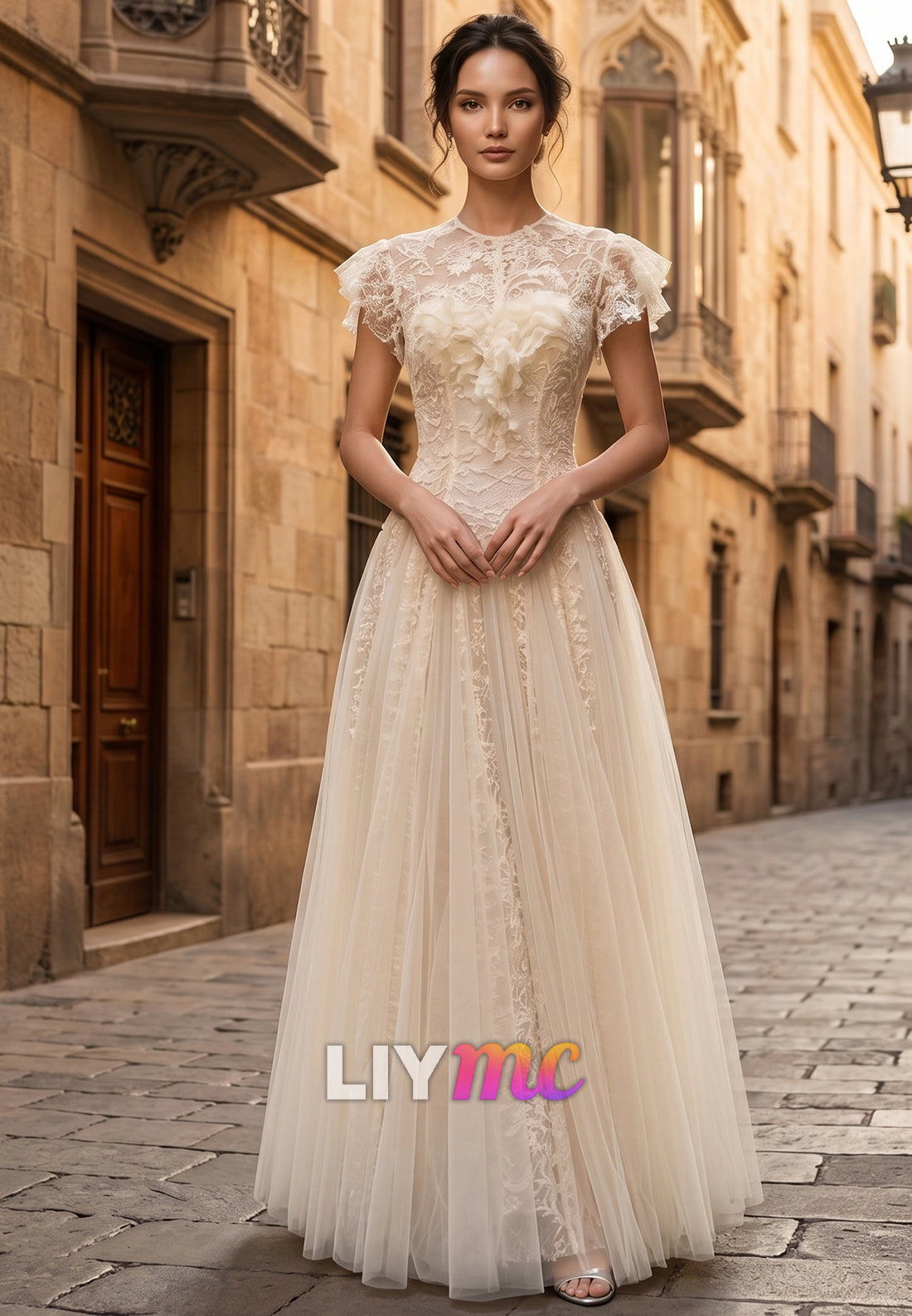 Scoop Short Sleeves Lace Tulle A-Line Wedding Dress