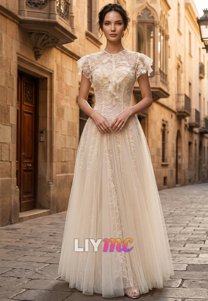 Scoop Short Sleeves Lace Tulle A-Line Wedding Dress