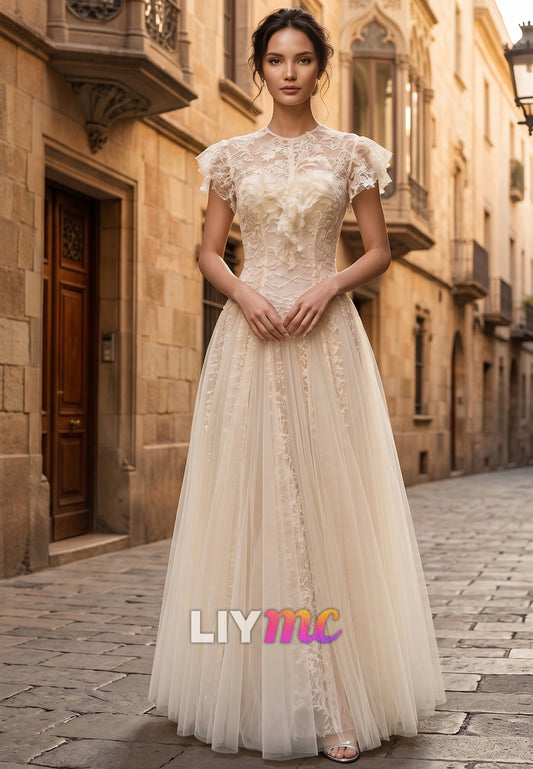Scoop Short Sleeves Lace Tulle A-Line Wedding Dress