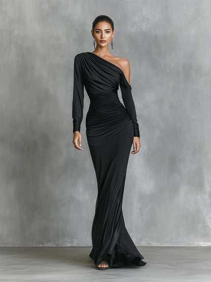 Women's Black Elegant Satin One - Shoulder Ruched Mermaid Maxi Dress