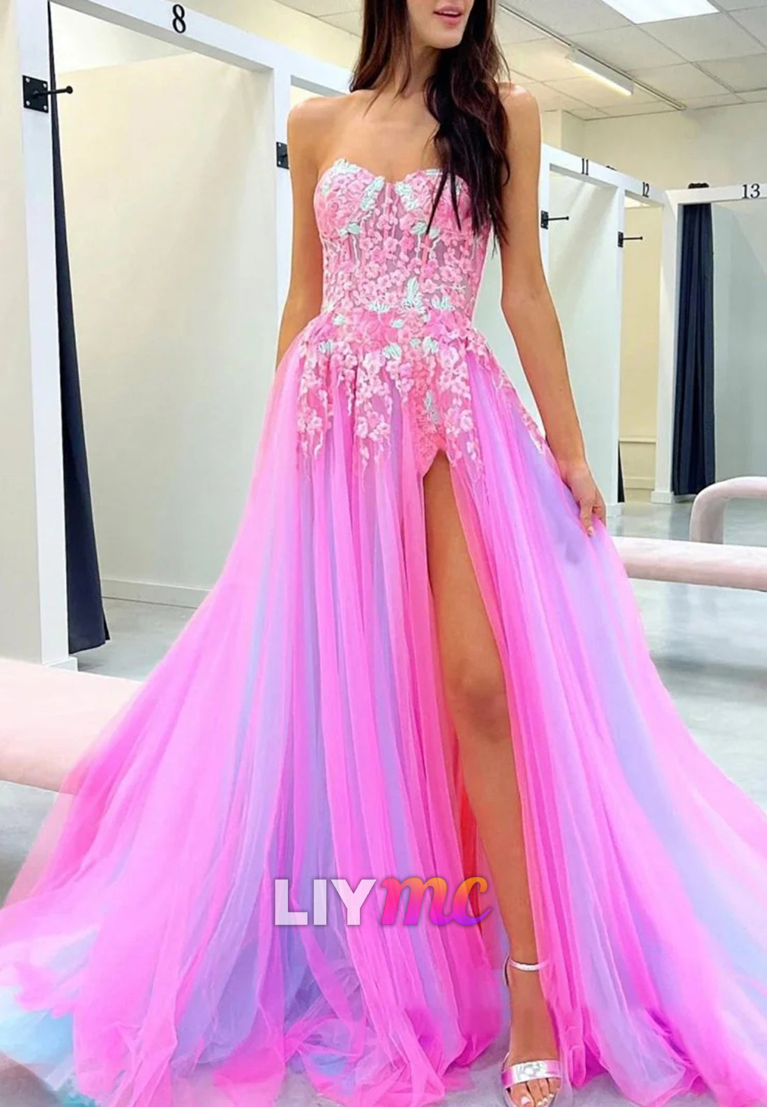 A-line Sweetheart Applique Lace Long Prom Dress with Slit