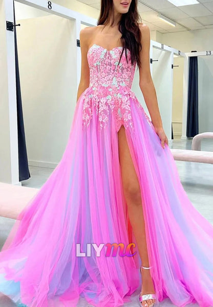 A-line Sweetheart Applique Lace Long Prom Dress with Slit