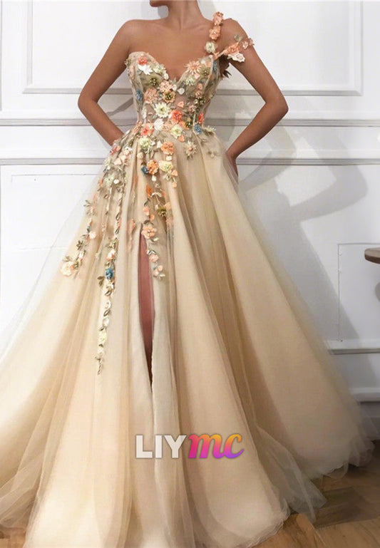 Sweetheart Floral Appliques Tulle A-Line Prom Dress