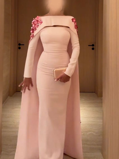 Off-Shoulder Long Sleeves Sheath Pink Evening Dress
