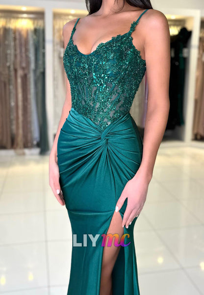 V-Neck Spaghetti Straps Appliques Sequins Ruched Mermaid Prom Dress