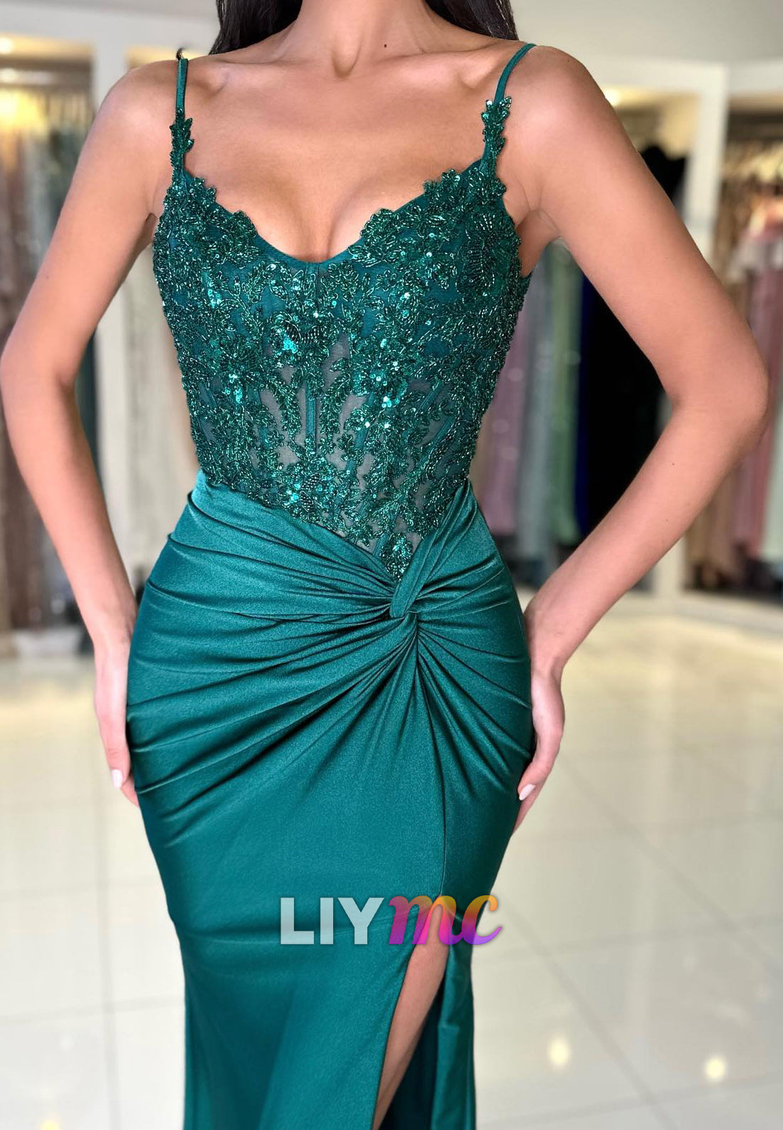 V-Neck Spaghetti Straps Appliques Sequins Ruched Mermaid Prom Dress