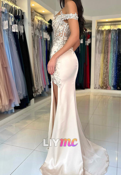 Off-Shoulder Lace Appliques Side Slit Mermaid Prom Dress
